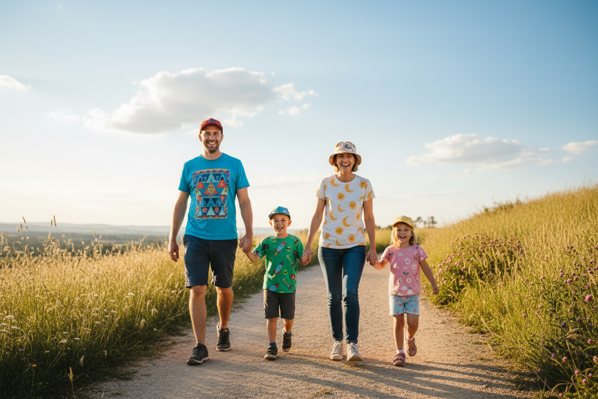 Family with father added walking on country path